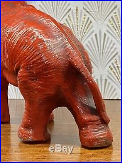 Vintage Red Cast Iron Elephant Doorstop 8 1/2 Long Trunk Up For Luck! Hubley