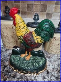 Vintage Rooster Hand Painted Cast Iron Door Stop 12 inches Tall 10 wide