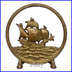 Vintage Spanish Galleon Sailing Ship Cast Iron Gilded Brass Doorstop