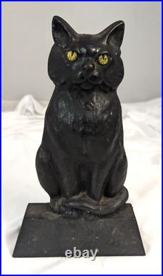 Vintage/antique Cast Iron Black Guard Cat Sitting On Trapezoid Base