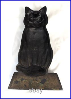 Vintage/antique Cast Iron Black Guard Cat Sitting On Trapezoid Base