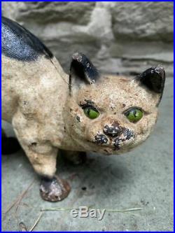 Vintage antique cast iron cat door stop black & white withgreen eyes ORIG PAINT