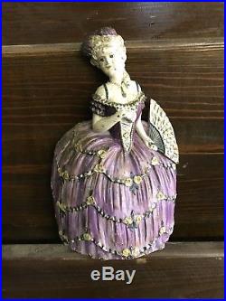 Vintage cast iron doorstop southern bell woman lavender dress victorian