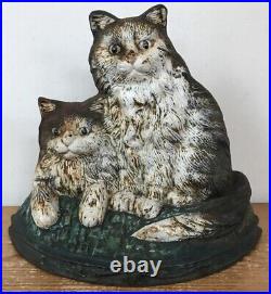 Vtg Antique Cast Iron Painted Cats Kitties Kittens Door Stop Farmhouse Decor