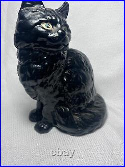 Vtg Cast Iron Black Cat Doorstop Green Eyes Sculpture Figure Animal Art Heavy