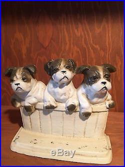 Vtg Cast Iron Doorstop 3 English Bulldog Terrier Puppies By John Wright