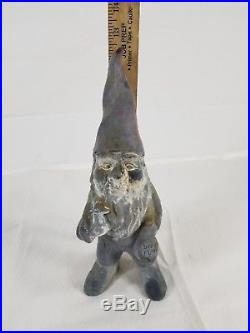 Vtg Cast Iron Garden Gnome Statue Doorstop Holding Duck & Bread Bag 12 1/4 Tall