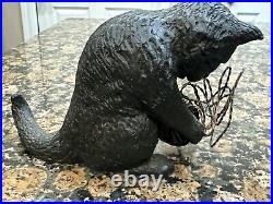 Vtg Cast Iron Playful Cat Copper Wire Ball Yarn Doorstop 3.5 lbs Kitten Sitting
