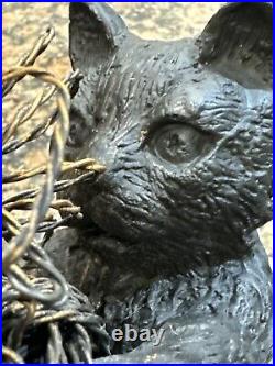 Vtg Cast Iron Playful Cat Copper Wire Ball Yarn Doorstop 3.5 lbs Kitten Sitting