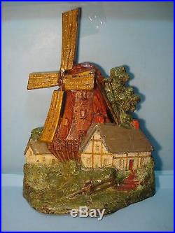 Windmill with Cottages Cast Iron Doorstop 11 3/4 A. A. Richardson Mass. Excellent